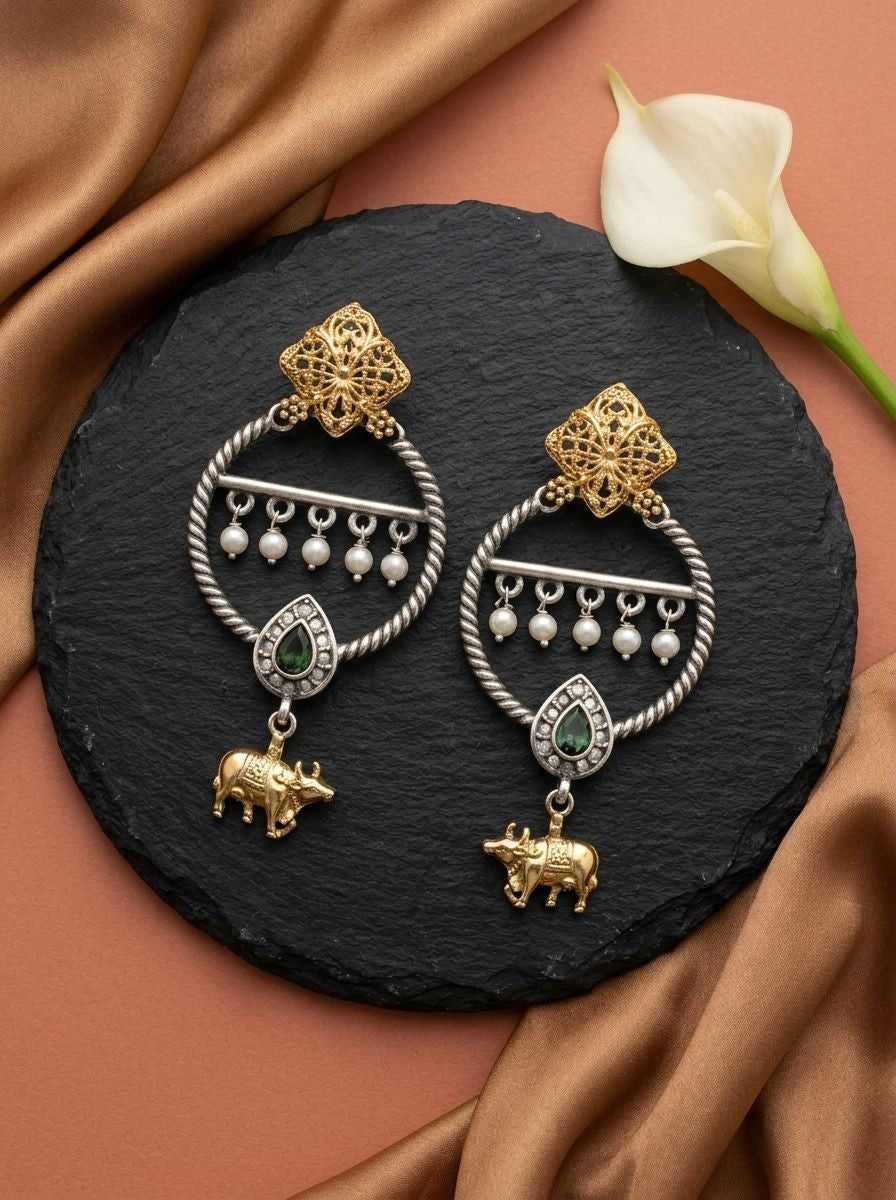 Two-Tone Nandi Dangler Earrings with Black Stone & Pearl Drops for Women - Festive Wear