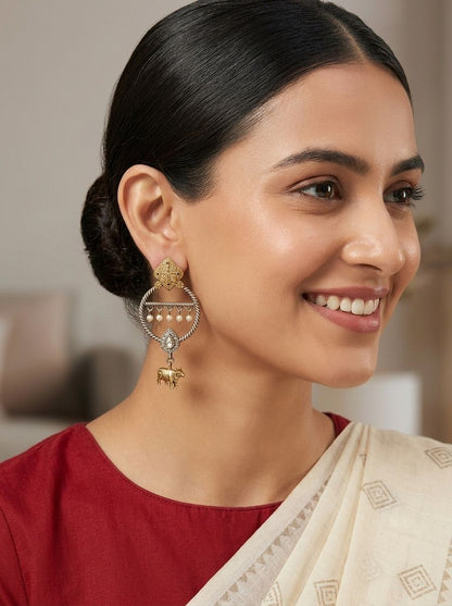 Two-Tone Nandi Dangler Earrings with White Stone & Pearl Drops for Women - Festive Wear
