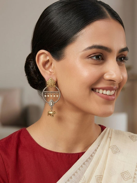 Two-Tone Nandi Dangler Earrings with White Stone & Pearl Drops for Women - Festive Wear
