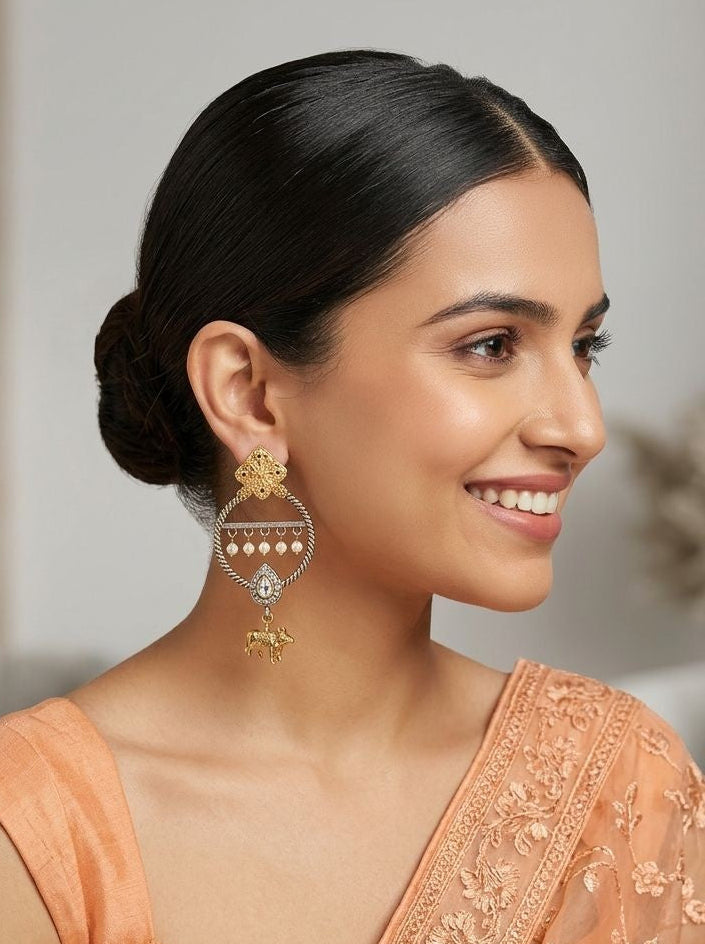 Two-Tone Nandi Dangler Earrings with White Stone & Pearl Drops for Women - Festive Wear
