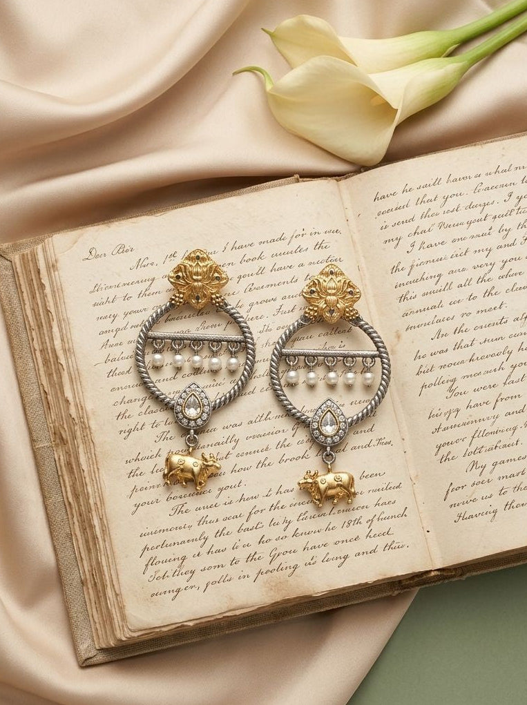 Two-Tone Nandi Dangler Earrings with White Stone & Pearl Drops for Women - Festive Wear
