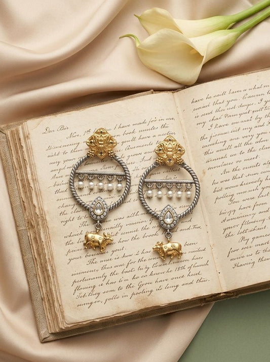 Two-Tone Nandi Dangler Earrings with White Stone & Pearl Drops for Women - Festive Wear
