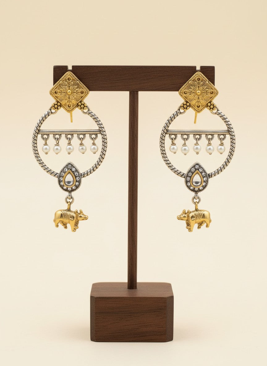 Two-Tone Nandi Dangler Earrings with White Stone & Pearl Drops for Women - Festive Wear