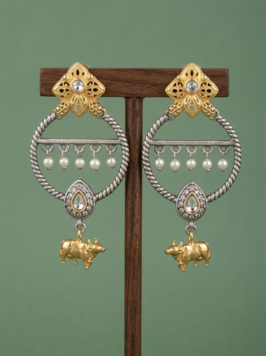 Two-Tone Nandi Dangler Earrings with White Stone & Pearl Drops for Women - Festive Wear
