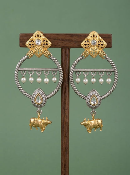 Two-Tone Nandi Dangler Earrings with White Stone & Pearl Drops for Women - Festive Wear