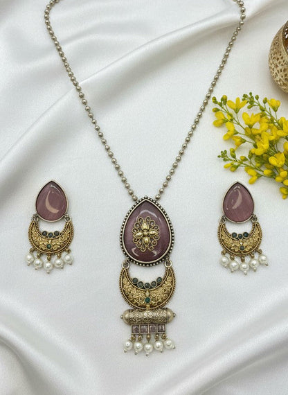 Two Tone Oxidized Necklace Set in half-moon floral design motifs for Women - Ethnic Wear