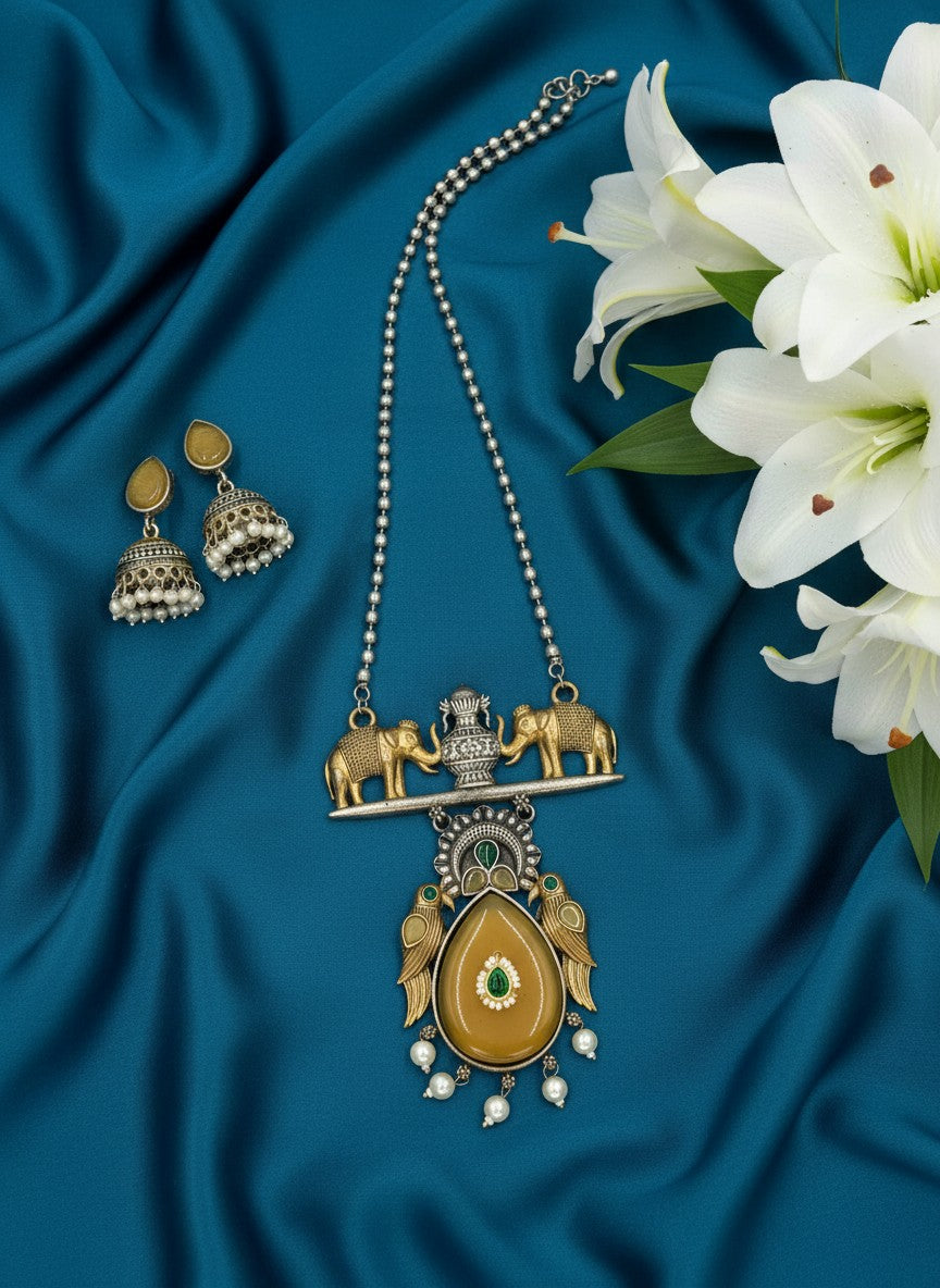 Two Tone Oxidized Necklace Set with elephant motifs and Jhumka for Women - Special Occasions