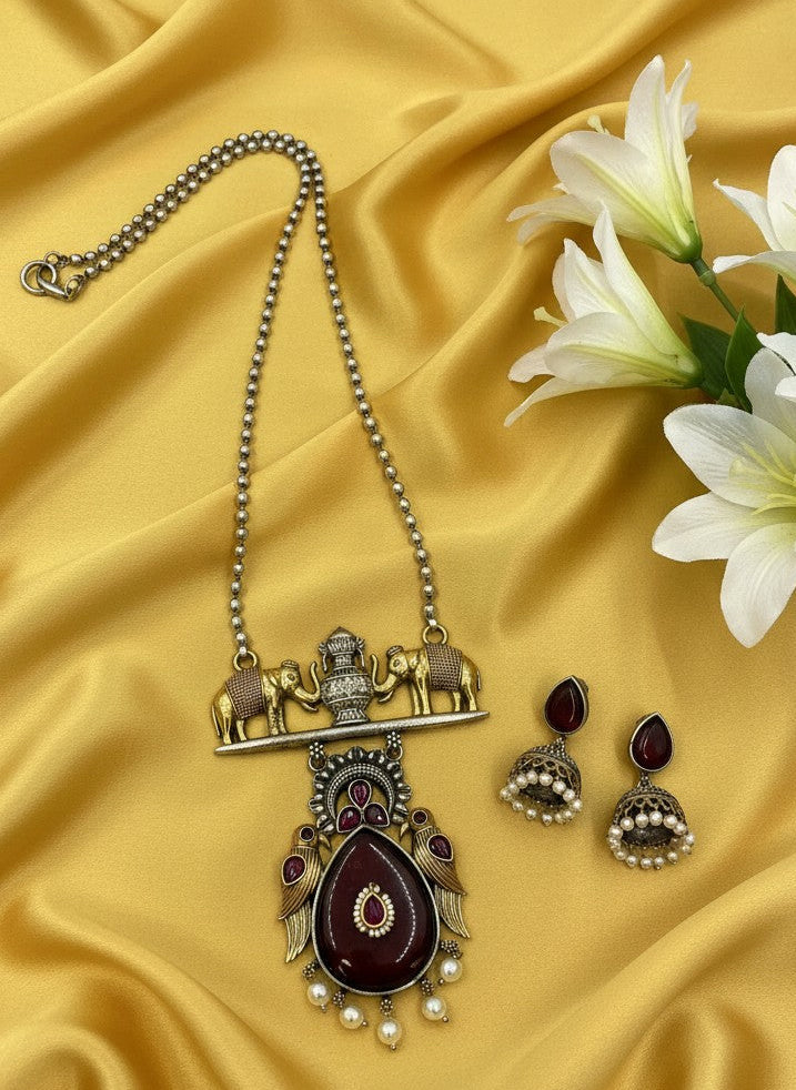 Two Tone Oxidized Necklace set with Elephant motifs and Jhumka for Women - Ethnic Special Occasions