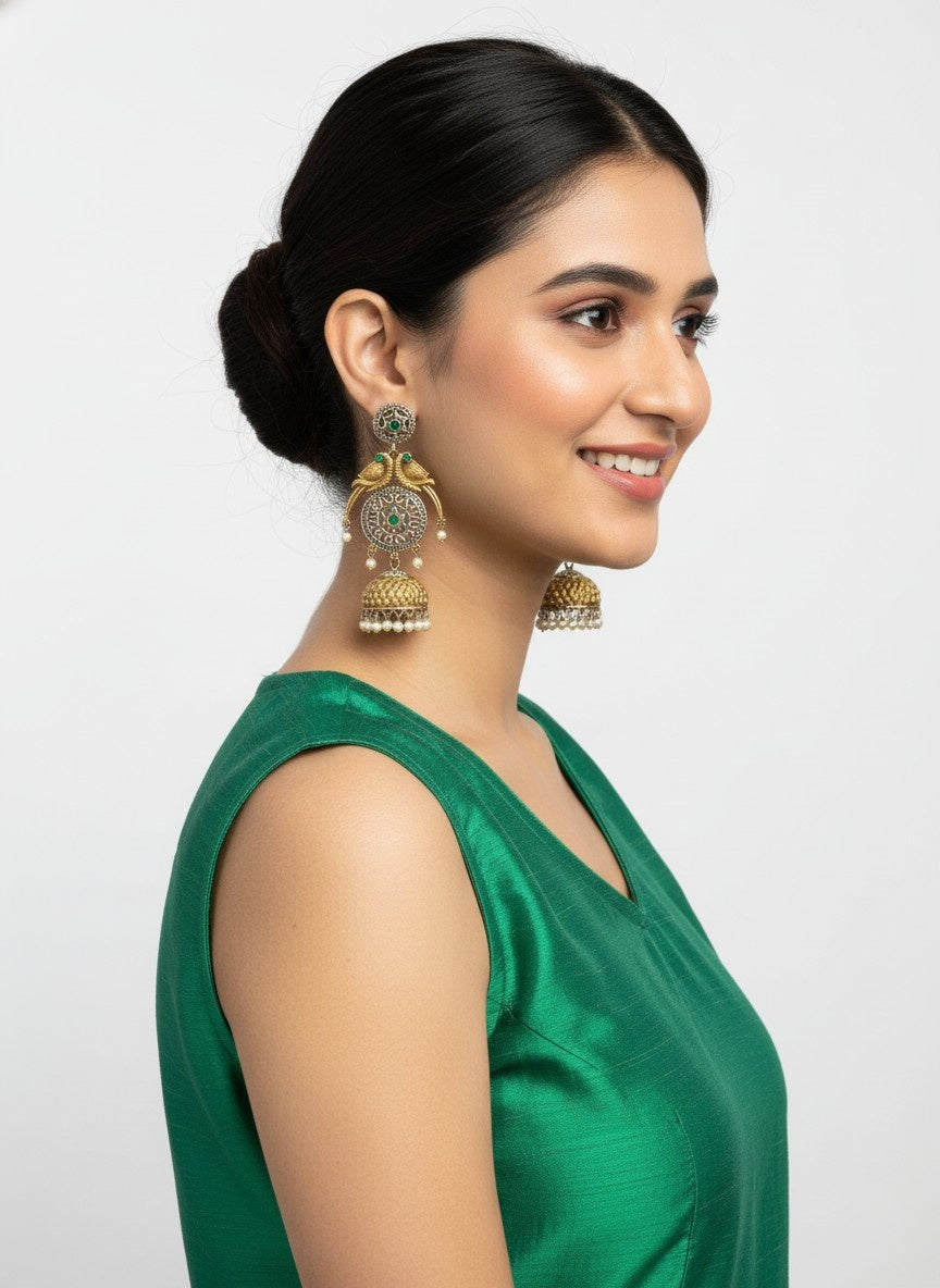 Two Tone Parrot Motif Jhumka Earrings with pearls for women