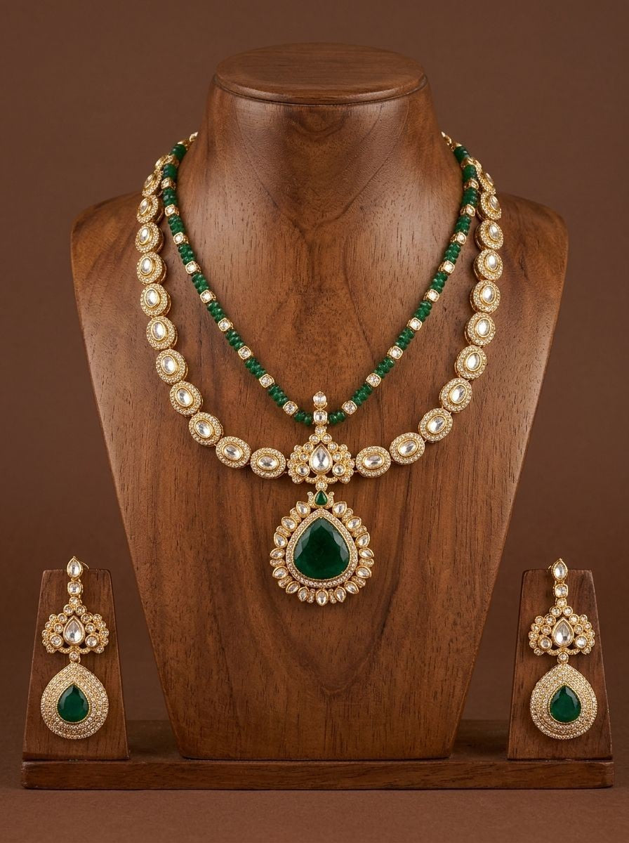 Vasundhara Green Stone & White Polki Layered Necklace Set for Women - Festive Wear