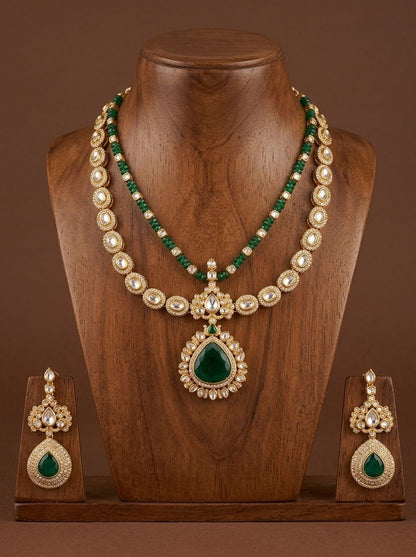 Vasundhara Green Stone & White Polki Layered Necklace Set for Women - Festive Wear