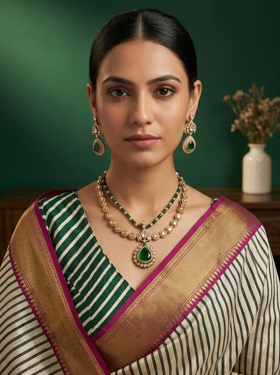 Vasundhara Green Stone & White Polki Layered Necklace Set for Women - Festive Wear