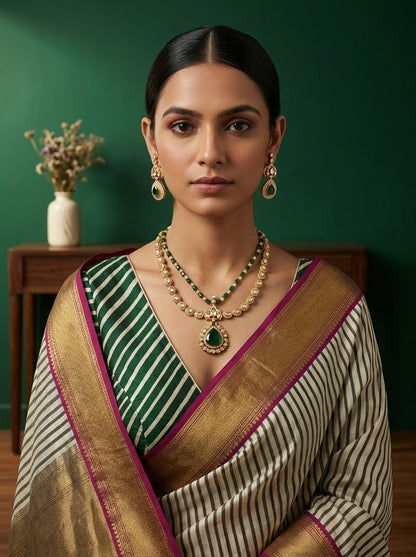 Vasundhara Green Stone & White Polki Layered Necklace Set for Women - Festive Wear