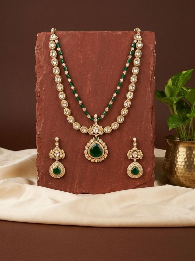 Vasundhara Green Stone & White Polki Layered Necklace Set for Women - Festive Wear