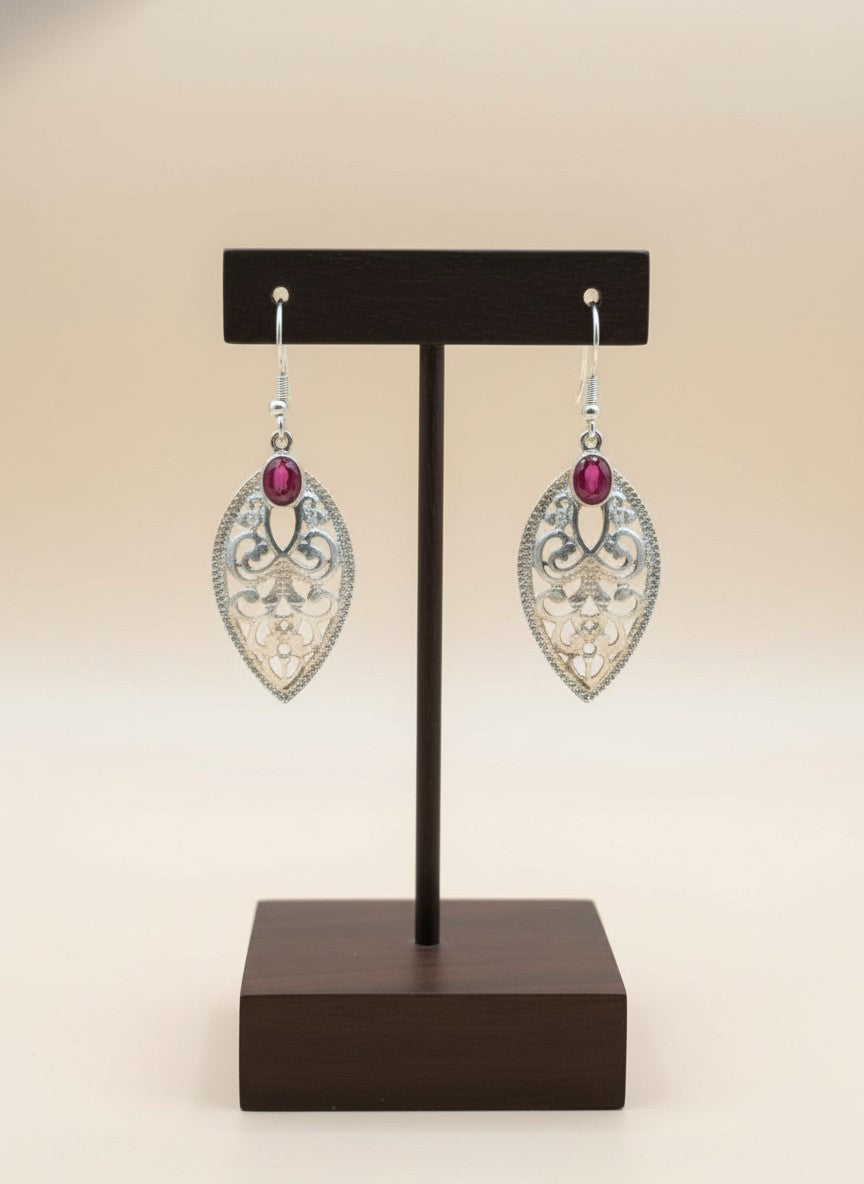 Verdant Filigree Leaf Hook Earrings with Dark Pink Accent Stone for Women - Everyday Wear