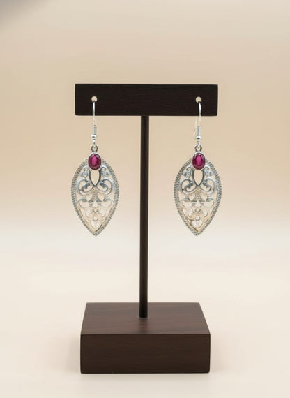 Verdant Filigree Leaf Hook Earrings with Dark Pink Accent Stone for Women - Everyday Wear
