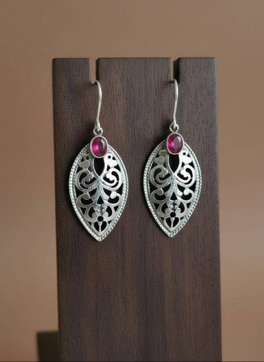Verdant Filigree Leaf Hook Earrings with Dark Pink Accent Stone for Women - Everyday Wear