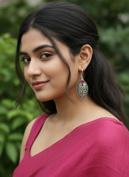 Verdant Filigree Leaf Hook Earrings with Dark Pink Accent Stone for Women - Everyday Wear
