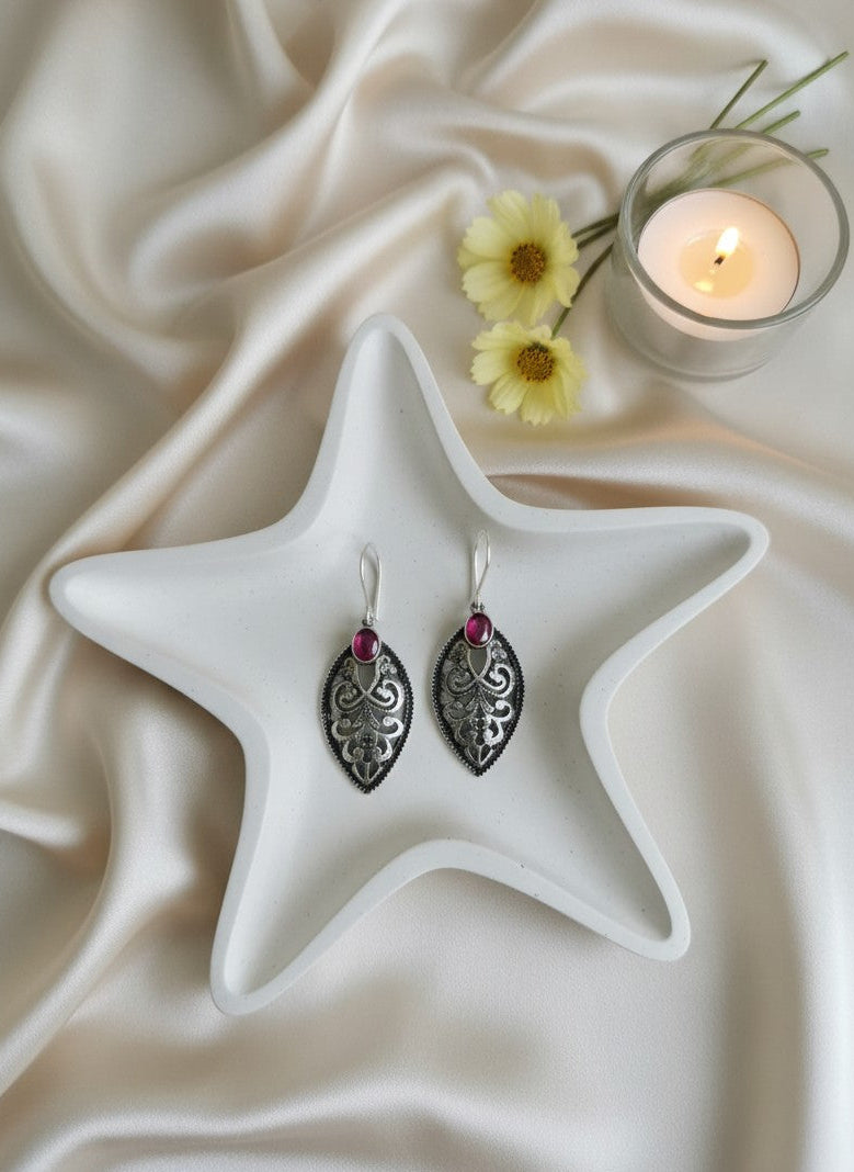 Verdant Filigree Leaf Hook Earrings with Dark Pink Accent Stone for Women - Everyday Wear