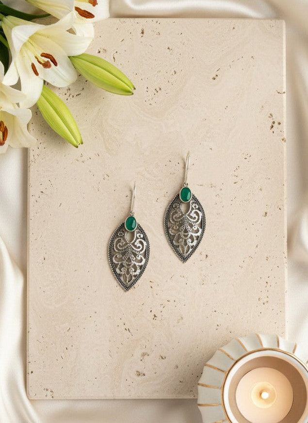 Verdant Filigree Leaf Hook Earrings with Green Accent Stone for Women - Everyday Wear