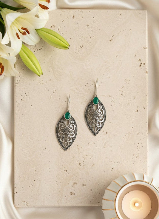 Verdant Filigree Leaf Hook Earrings with Green Accent Stone for Women - Everyday Wear