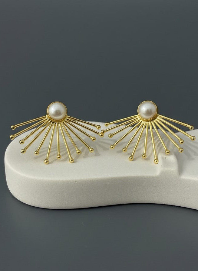 Versatile Pearl Sunburst Statement Stud Earrings for Women | 18K Gold Plated - All Occasion Wear