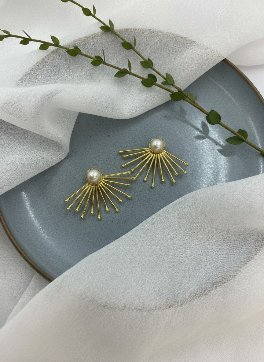 Versatile Pearl Sunburst Statement Stud Earrings for Women | 18K Gold Plated - All Occasion Wear