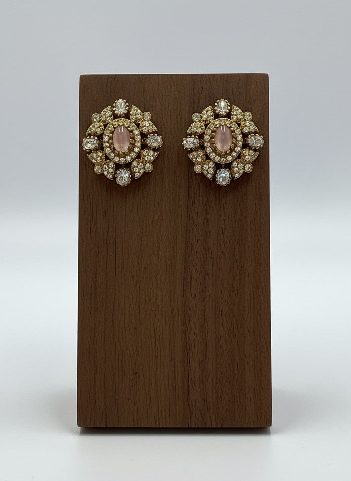 Victorian Floral Pattern Gold Plated Baby Pink Polki Stud Earrings for Women - All Occasions