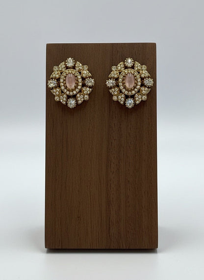 Victorian Floral Pattern Gold Plated Baby Pink Polki Stud Earrings for Women - All Occasions