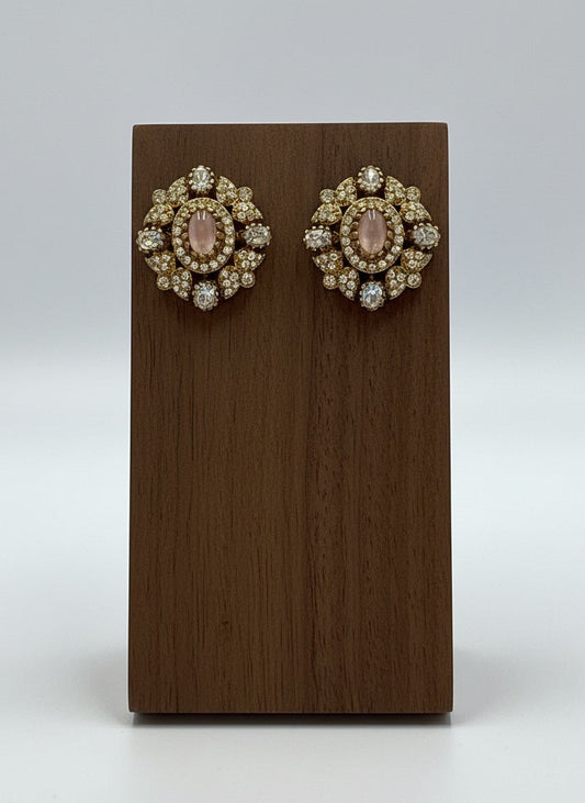 Victorian Floral Pattern Gold Plated Baby Pink Polki Stud Earrings for Women - All Occasions