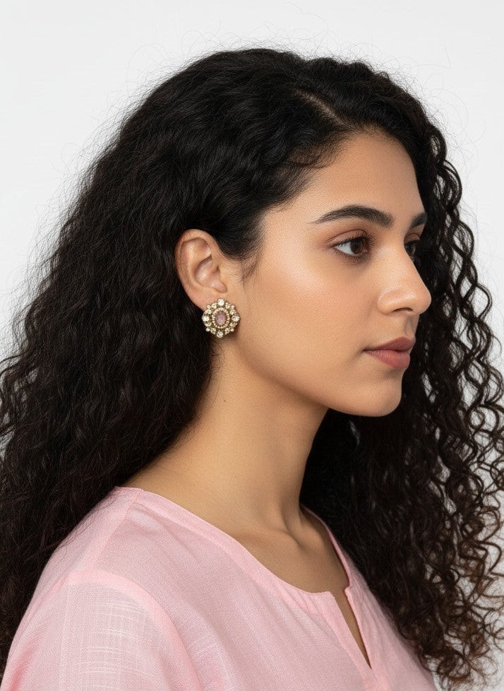 Victorian Floral Pattern Gold Plated Baby Pink Polki Stud Earrings for Women - All Occasions