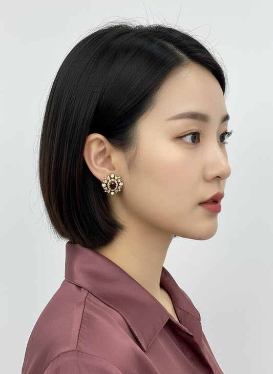 Victorian Floral Pattern Gold Plated Wine Polki Stud Earrings for Women - All Occasions