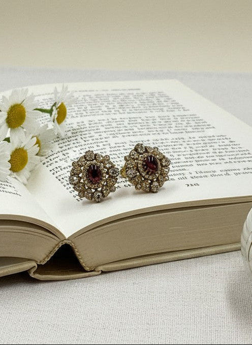 Victorian Floral Pattern Gold Plated Wine Polki Stud Earrings for Women - All Occasions