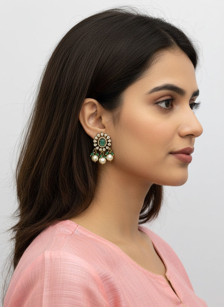 Model wearing Victorian Gold Plated Green Polki Stud Earrings with Pearl detailing for Women - Special Occasions