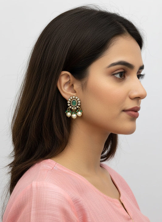 Model wearing Victorian Gold Plated Green Polki Stud Earrings with Pearl detailing for Women - Special Occasions