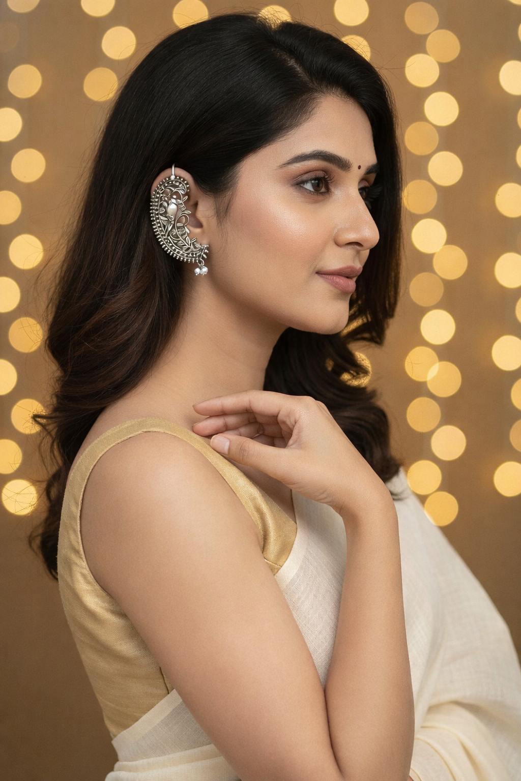 Vintage Bird Motif Silver Oxidized Ear Cuff Earrings with Pearl Drops for Women - Special Occasions