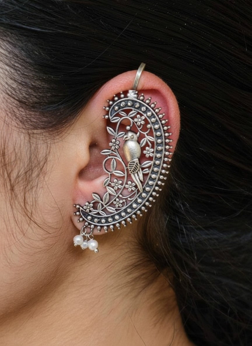 Vintage Bird Motif Silver Oxidized Ear Cuff Earrings with Pearl Drops for Women - Special Occasions