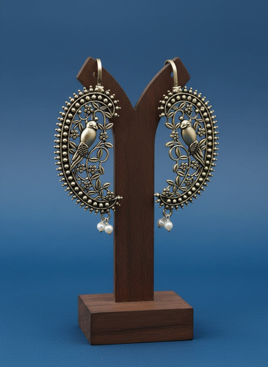 Vintage Bird Motif Silver Oxidized Ear Cuff Earrings with Pearl Drops for Women - Special Occasions