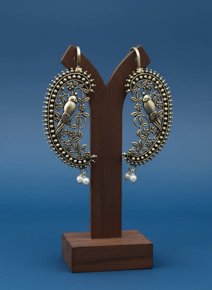 Vintage Bird Motif Silver Oxidized Ear Cuff Earrings with Pearl Drops for Women - Special Occasions