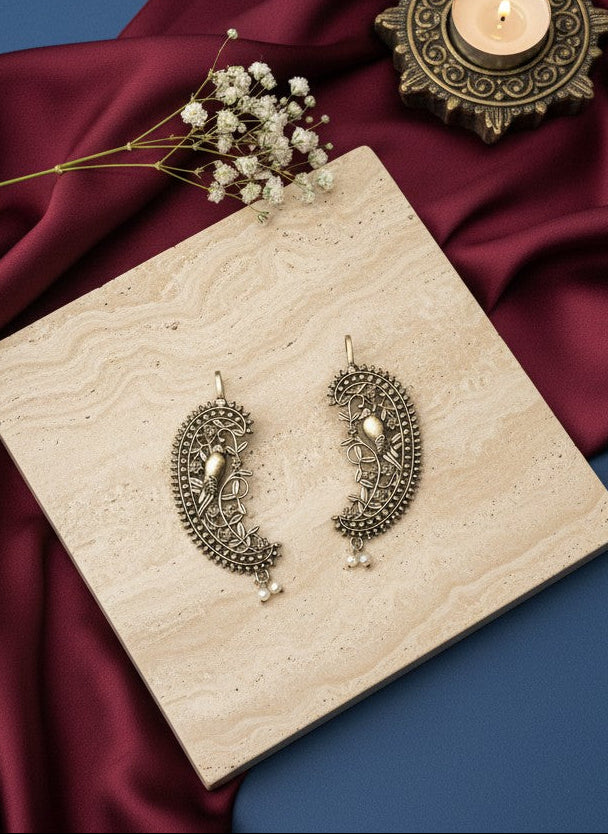Vintage Bird Motif Silver Oxidized Ear Cuff Earrings with Pearl Drops for Women - Special Occasions