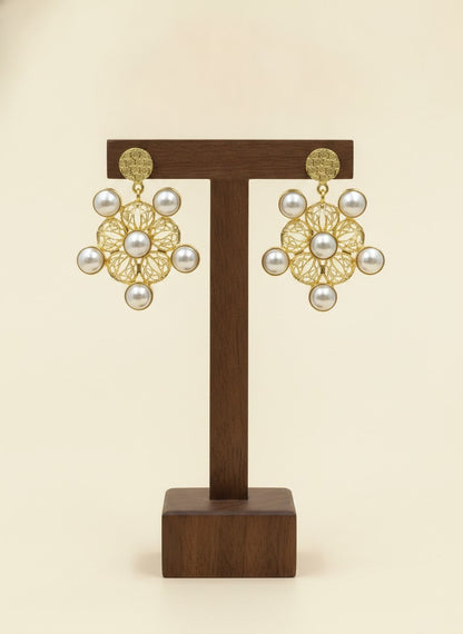 Vintage Filigree Floral Pearl Dangler Earrings for Women - Statement Piece