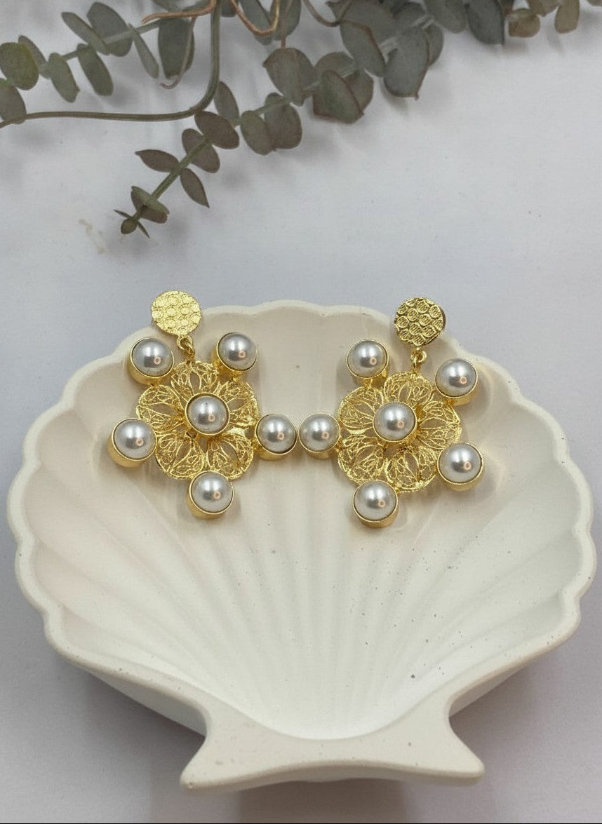 Vintage Filigree Floral Pearl Dangler Earrings for Women - Statement Piece
