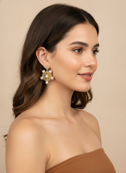 Vintage Filigree Floral Pearl Dangler Earrings for Women - Statement Piece