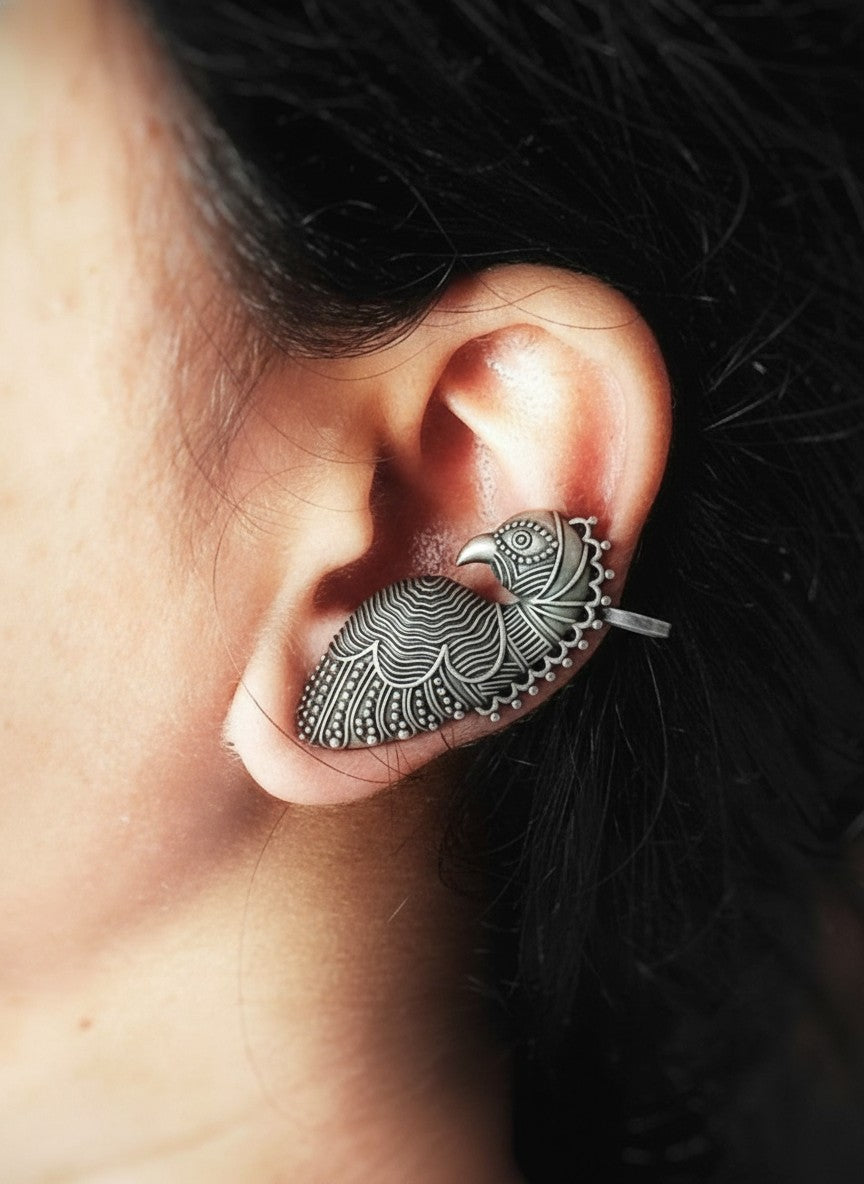 Vintage Silver Oxidized Peacock No Piercing Ear Cuff for Women - Special Occasions