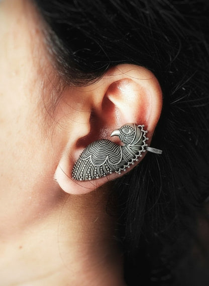 Vintage Silver Oxidized Peacock No Piercing Ear Cuff for Women - Special Occasions