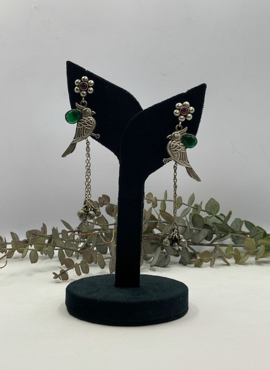 Silver Oxidized Bird Motif Earrings with Ghungroo Drops & Green Stone Accent for Women - All Occasions
