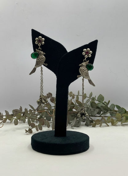Silver Oxidized Bird Motif Earrings with Ghungroo Drops & Green Stone Accent for Women - All Occasions
