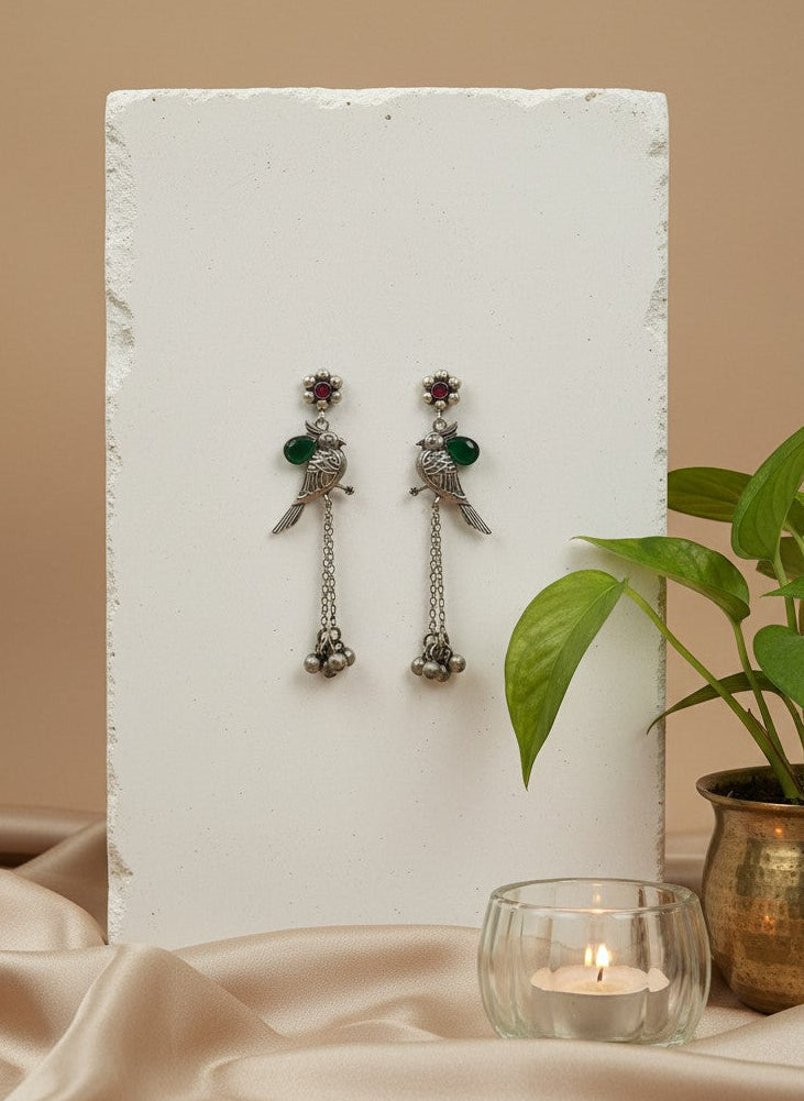 Silver Oxidized Bird Motif Earrings with Ghungroo Drops & Green Stone Accent for Women - All Occasions
