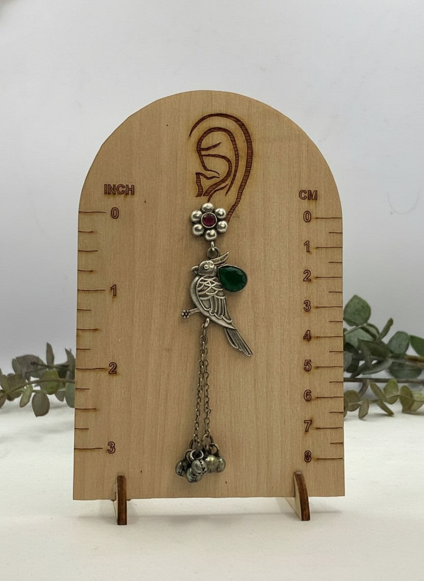 Silver Oxidized Bird Motif Earrings with Ghungroo Drops & Green Stone Accent for Women - All Occasions