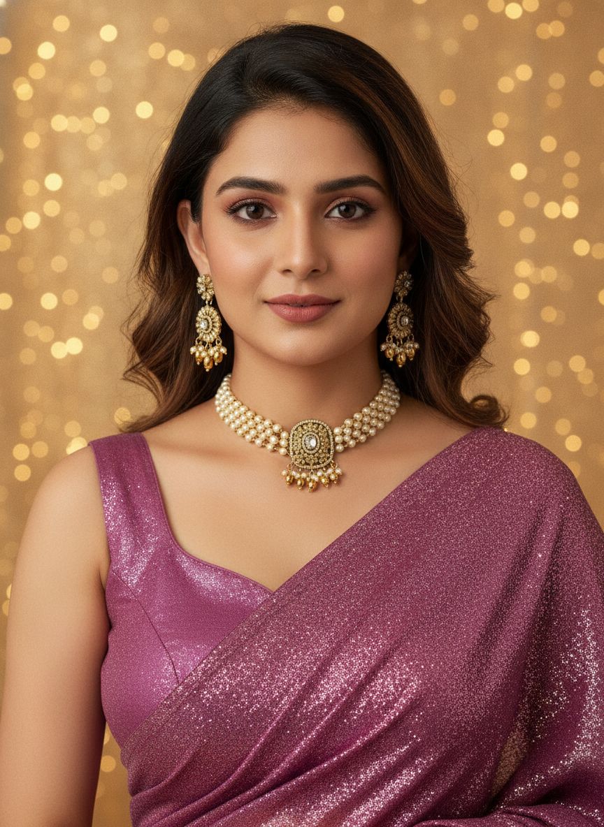 Gold Plated Pearl Choker Necklace Set with Polki & AD Pendant for Women - Special Occasions